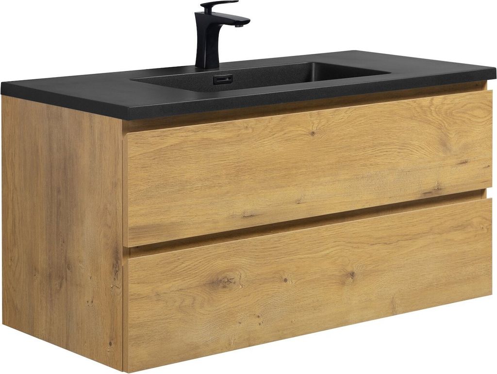 Badplaats Badmöbel Set mit Waschbecken und Unterschrank Angela 100 x 48 cm Eiche - Waschbeckenunterschrank mit Soft-Close und Schwarze Waschbecken...