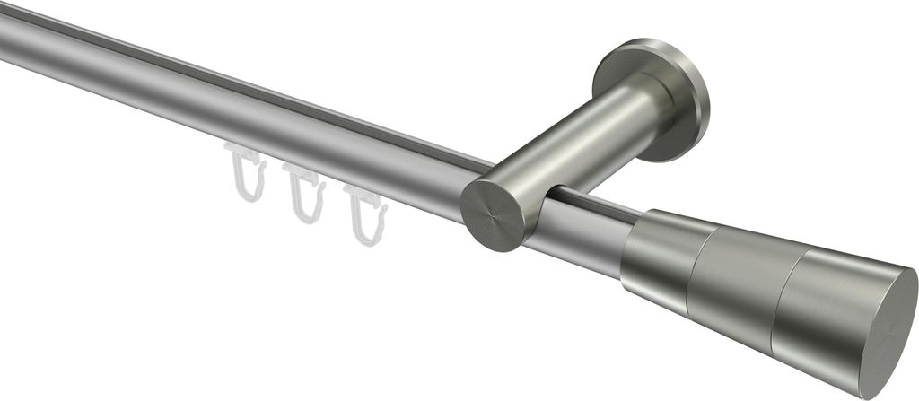 Interdeco Innenlaufstange / Gardinenstange mit Innenlauf Silbergrau / Edelstahl-Optik, Typ Platon Tanara (Konus), 20 mm Ø 1-läufig, 220 cm