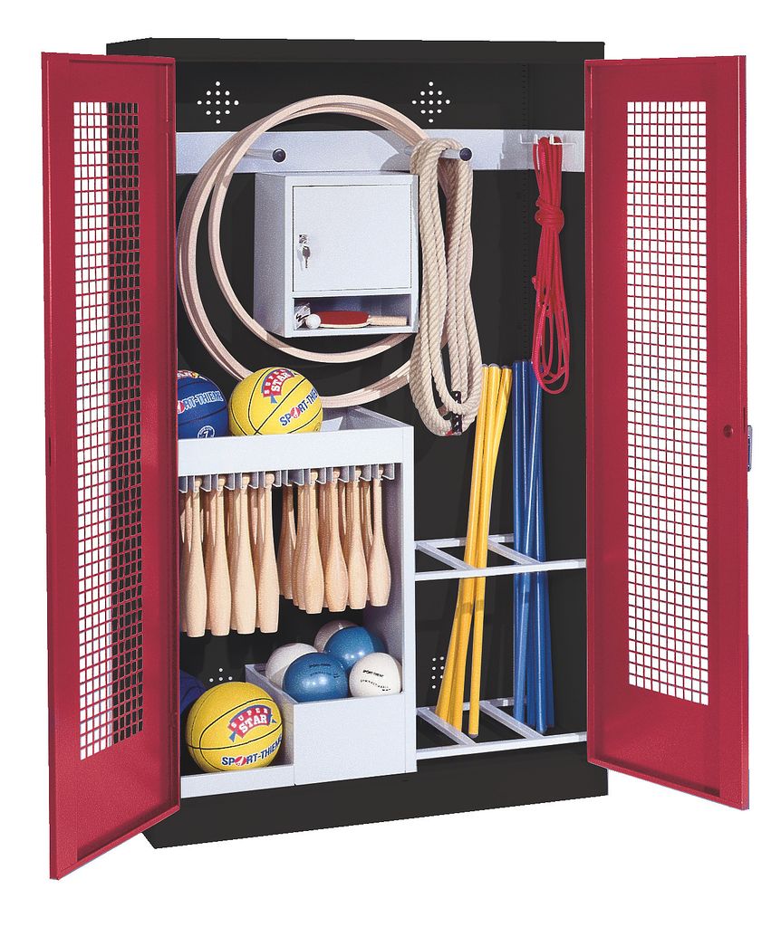 C+P Sportgeräteschrank mit Lochblech-Flügeltüren (Typ 1), HxBxT 195x120x50 cm, Ergo-Lock Muldengriff, Rubinrot (RAL 3003), Anthrazit (RAL 7021),...