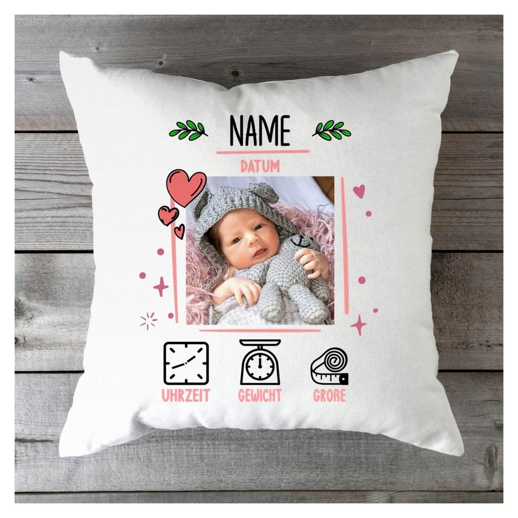 Bedrucktes Kissen mit Foto - Personalisierte Geschenke mit Name, Babyfoto & Geburtsdaten - Geschenk für Eltern zur Babyparty, Geburtstag oder Weih...