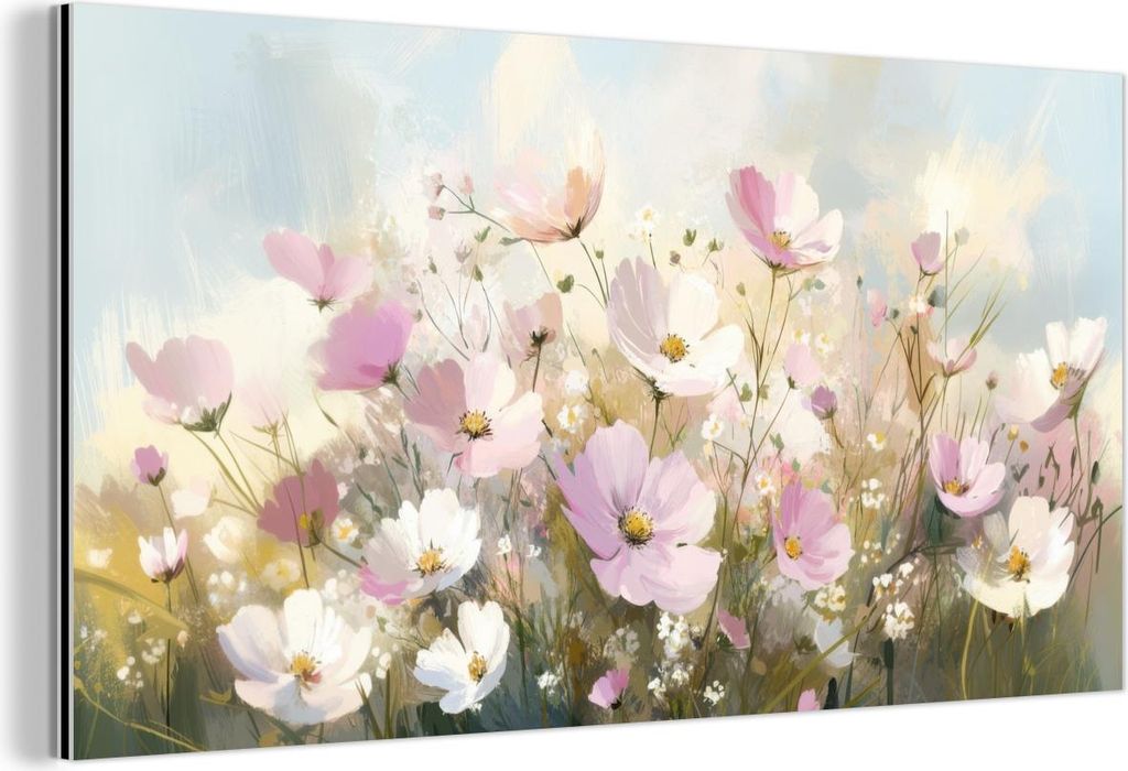 MuchoWow Wanddekoration Metall Metallbild Wandkunst 40x20 cm Blumenfeld - Helle Farbtöne - Gemalt MuchoWow Aluminium Gemälde - Bild - Aluminium