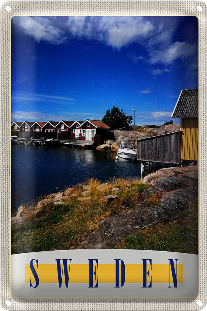 Blechschild Reise 40x30cm Schweden Meer Häuser Boote