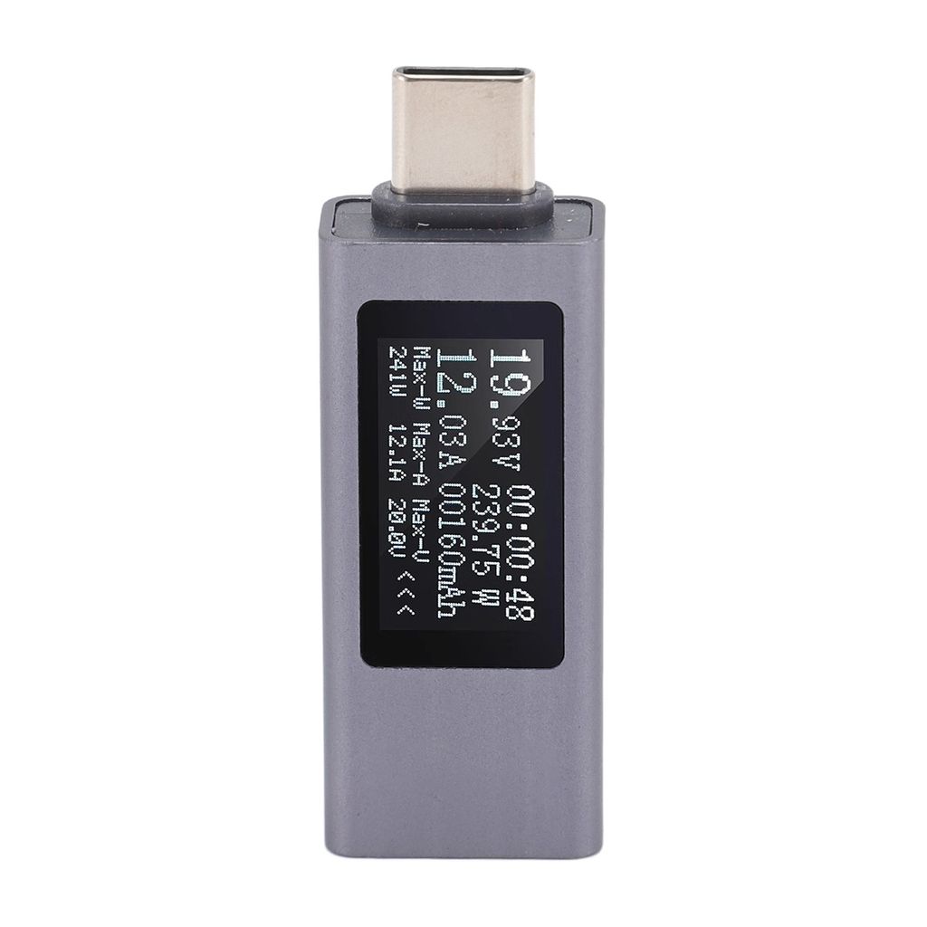 A USB-C tester device with a digital display showing voltage, current, and power readings.