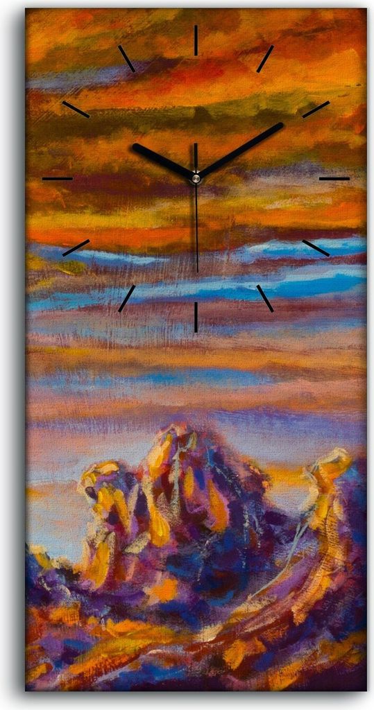 Wandbild Leinwand Bilder Wanduhr 30x60 Gelb orange Wolken über Bergen Malerei - schwarze Hände