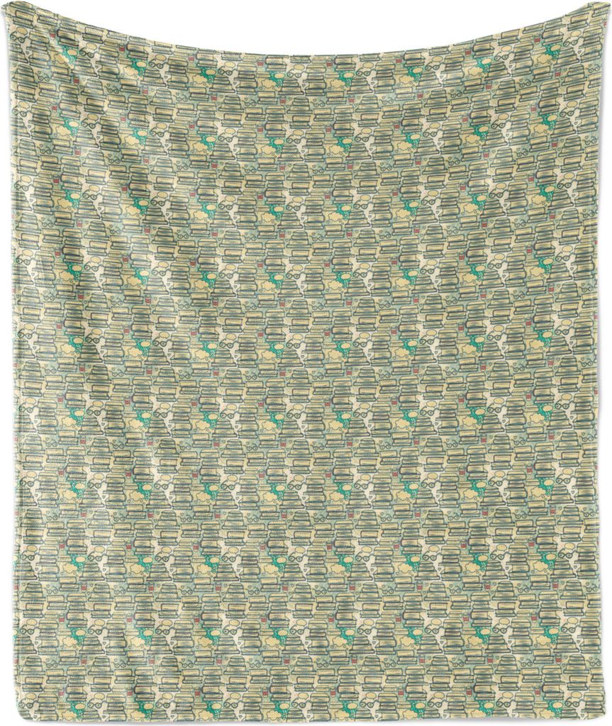 ABAKUHAUS Buchliebhaber Weich Flanell Fleece Decke, Stapel Bücher mit Gedanken Blasen Gläser Herzen Kaffeetassen Hochschule, 175 x 230 cm, Creme ...