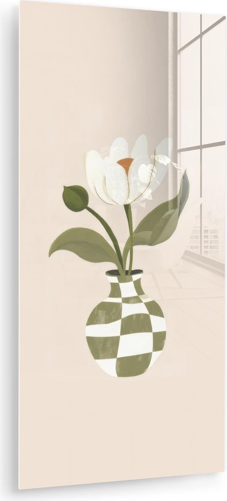 MuchoWow Glasbilder - Bilder auf Wandbild - Foto auf Glas Vase - Kariert - Blume - Grün 40x80 cm Wanddekoration aus Glas - Acrylglasbild - Acrylbi...