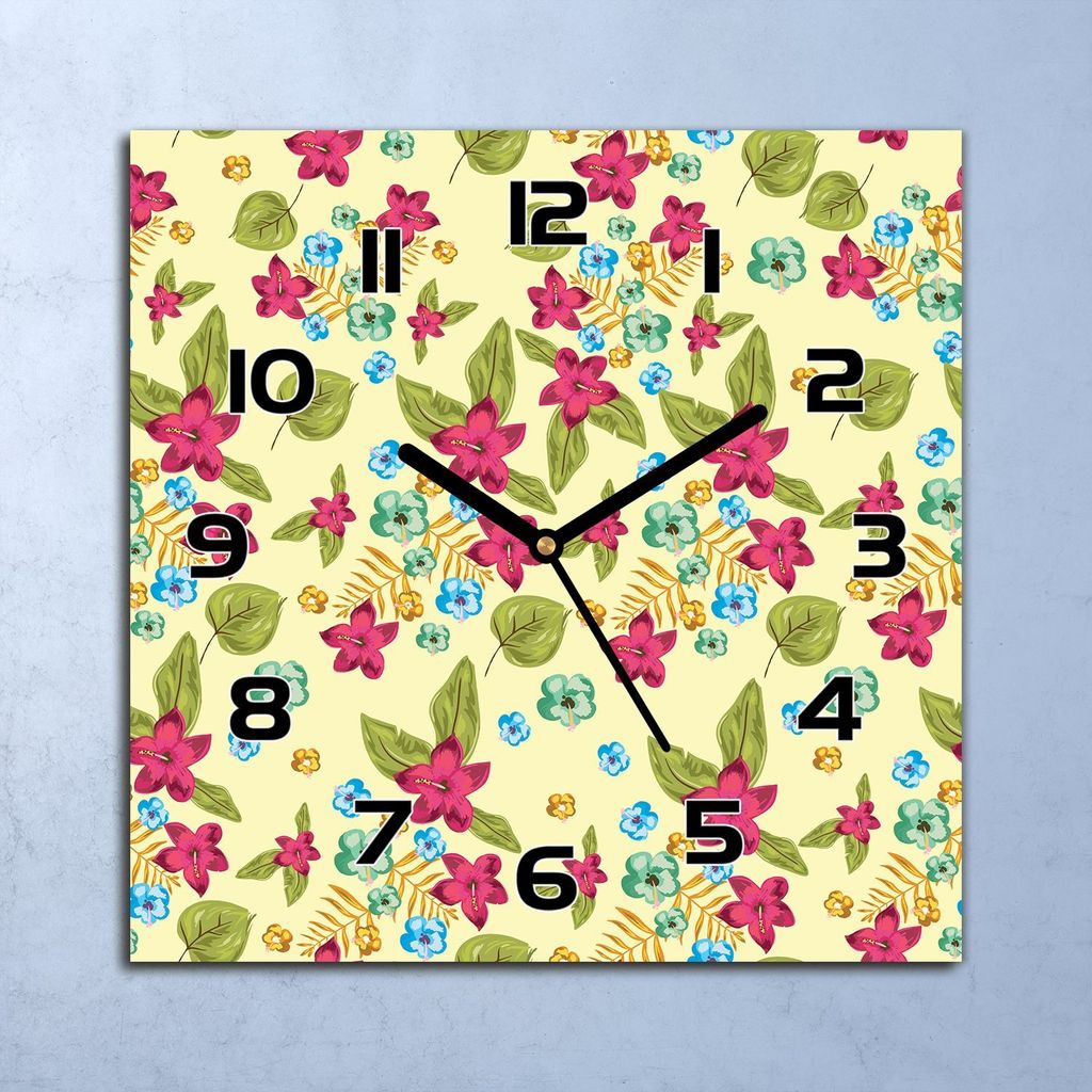 Wanduhr Echt-Glas-Küchenuhr Tropische Blumen Quarz Lautlos Produktbild 