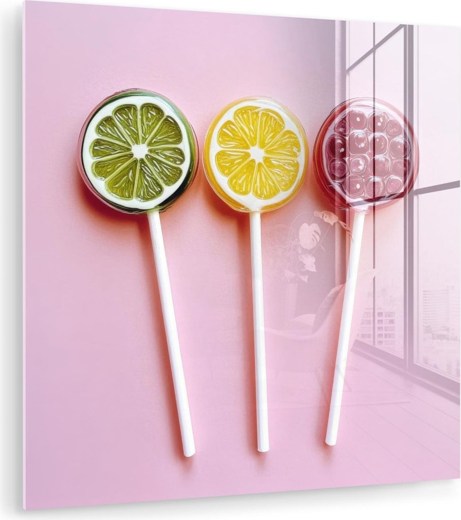 MuchoWow Glasbilder - Bilder auf Wandbild - Foto auf Glas Lollipop - Bonbon - Zitrusfrucht 20x20 cm Wanddekoration aus Glas - Acrylglasbild - Acryl...