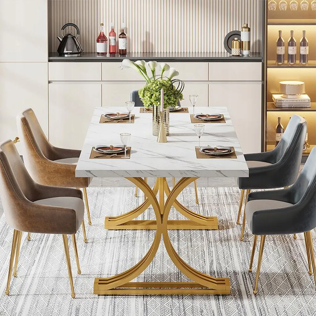 Table rectangulaire 160x80 blanche et dorée - Style scandi-chic HOGA