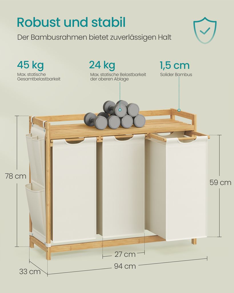 Wäschekorb 3 Fächer, Bambus, Wäschesammler 150 L, mit Produktbild 2
