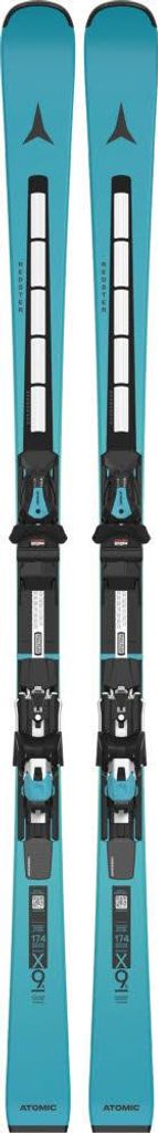 A pair of blue skis with black bindings, presented against a white background.