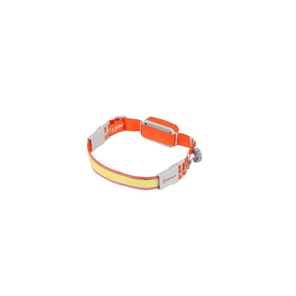 A headlamp with an orange band and a white LED strip.