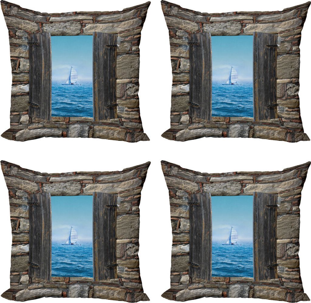 ABAKUHAUS Nautisch Kissenbezug Set (4 Stück), Segelboot Idylle, Moderner Doppelseitiger Digitaldruck, 40 cm x 40 cm, Grau Blau