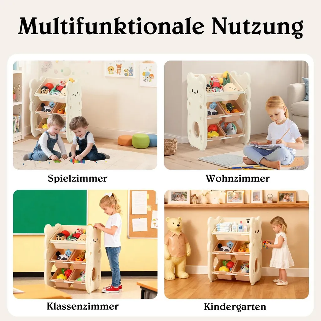Bibliothèque enfant motif ours et bacs de rangement beige à 3 niveaux