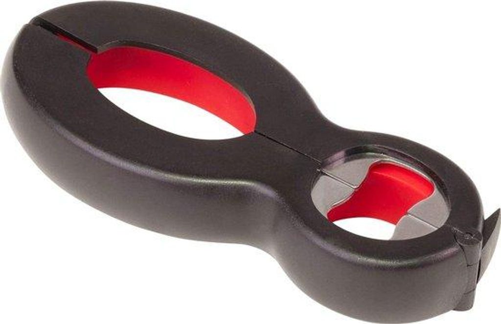 Kunststoff-Dosenöffner schwarz-rot 14x6cm Edelstahl für Blikjes und Flaschen