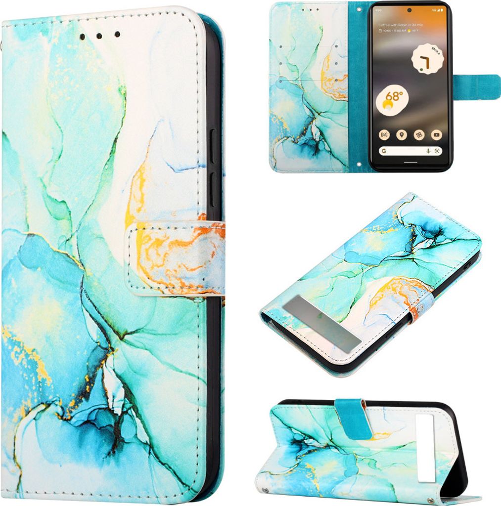 Google Pixel 7A Hülle, Marmor Motiv Kunstleder Tasche Wallet Kartenfächer mit Standfunktion Klapp Schutzhülle für Google Pixel 7A Türkis