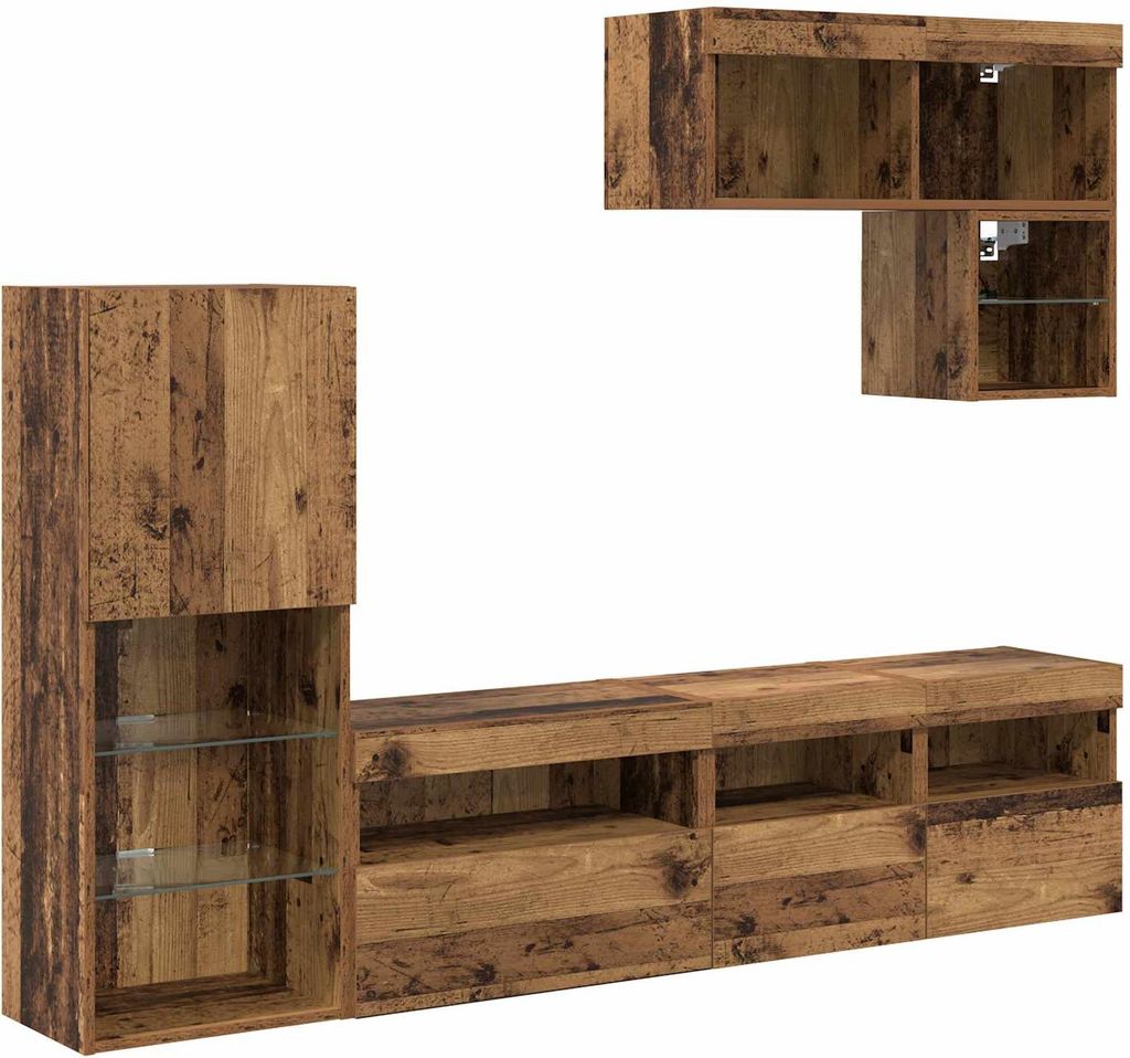 TV-Wandgeräte mit LED-Lichtleisten 6 pcs Altholz Holzwerkstoff