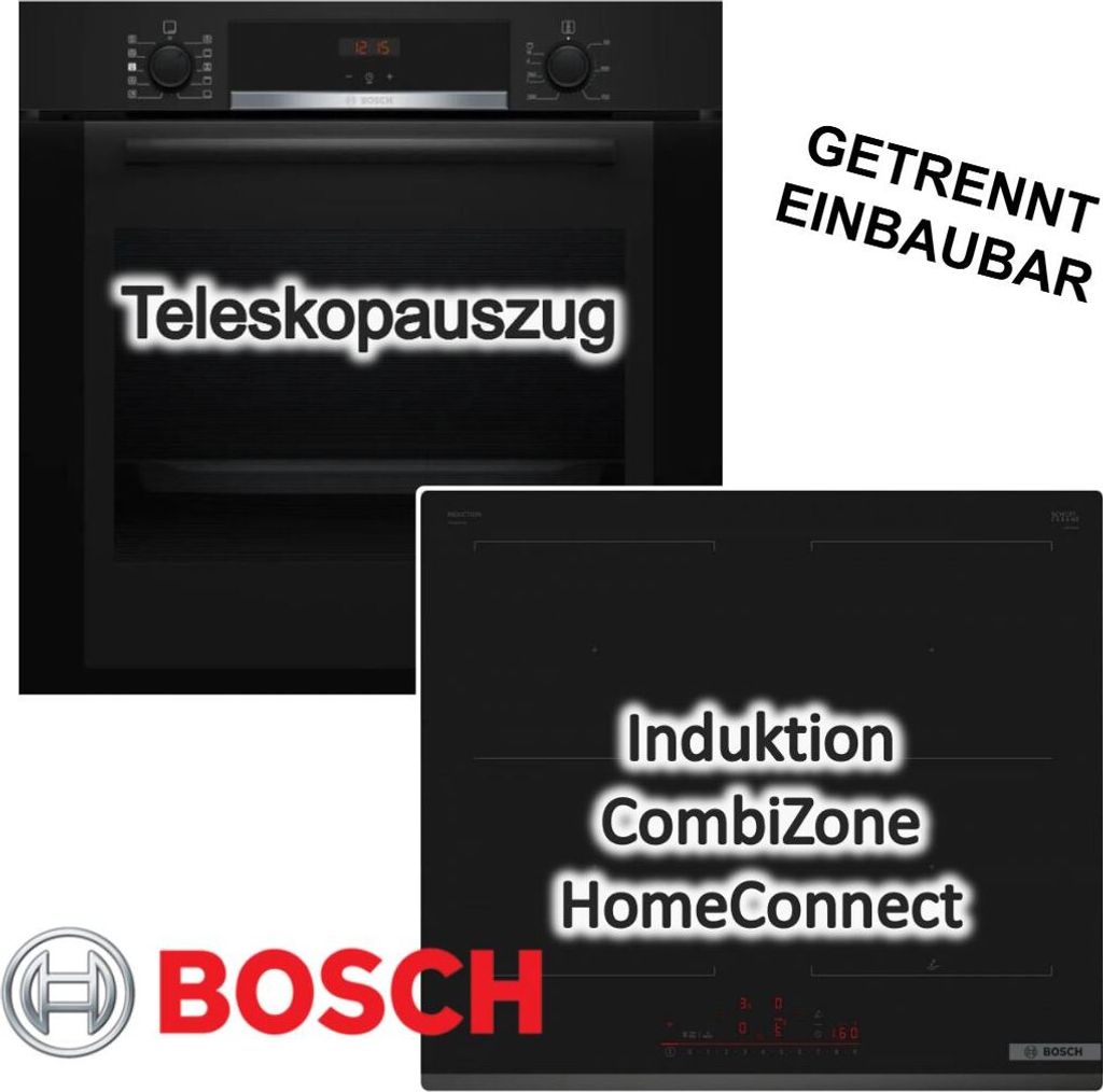 Herdset BOSCH Backofen Hydrolyse Teleskopauszug + Induktionskochfeld CombiZone autark 60 cm