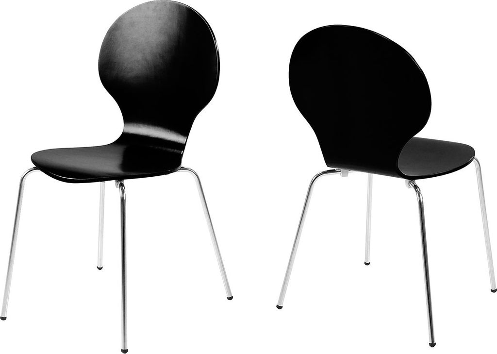 Two black chairs with chrome legs are shown against a white background.