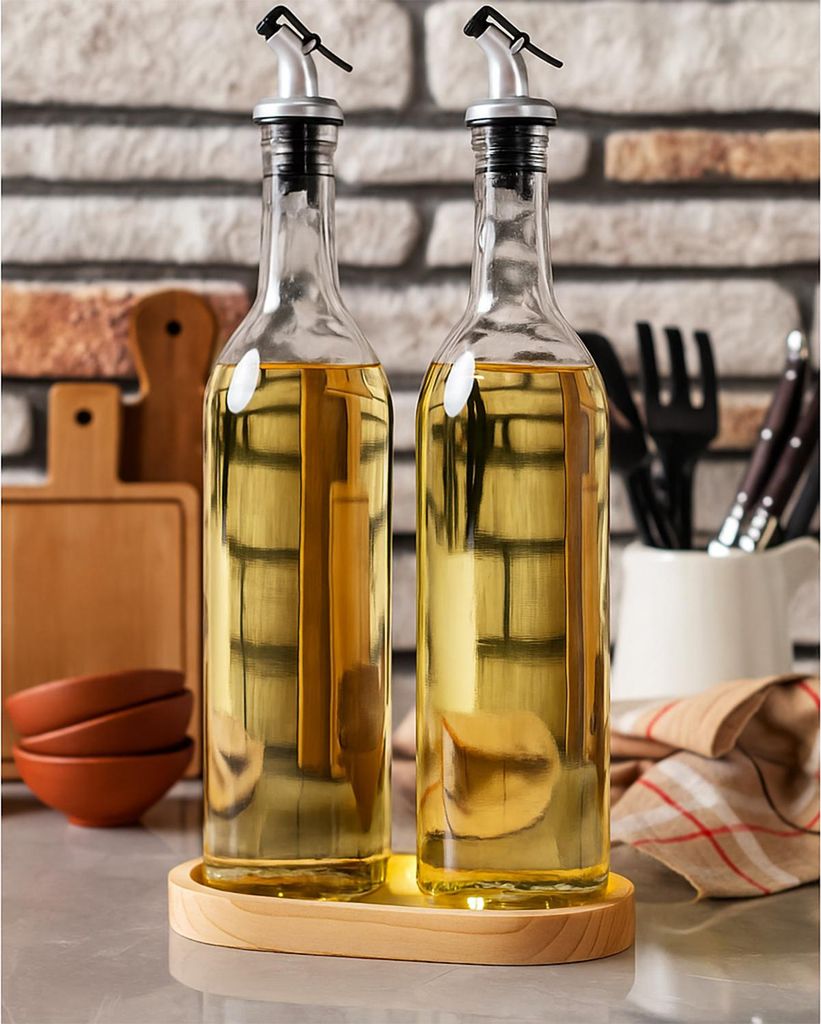 set di 2 bottiglie in vetro per olio con supporto in legno Immagine del prodotto 