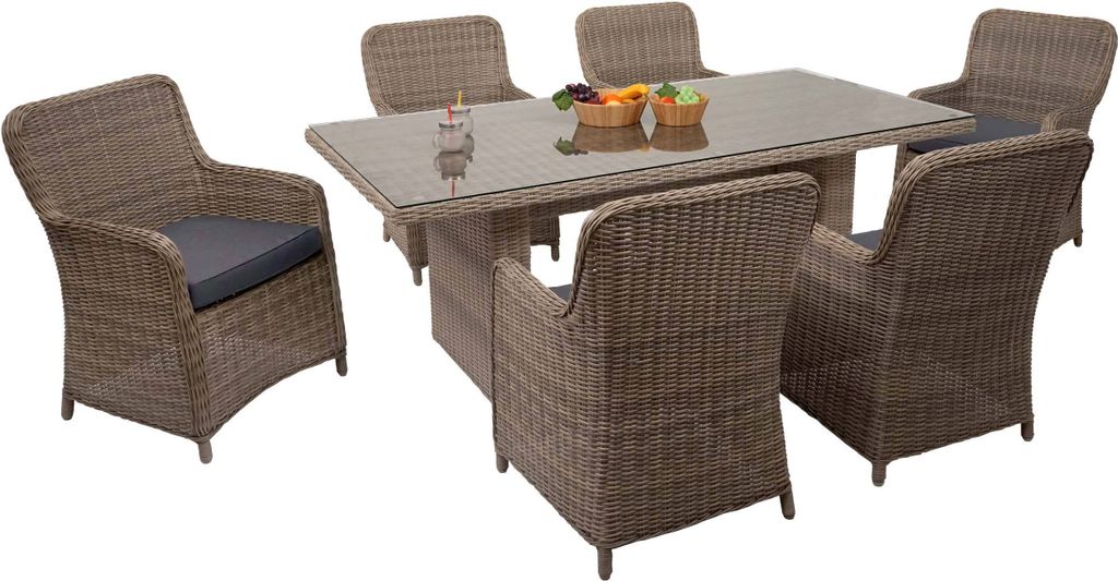 Poly-Rattan Garnitur HWC-E98, Sitzgruppe Balkon-/Garten-/Lounge-Set, Spun Poly halbrundes Rattan MVG beige Kissen grau