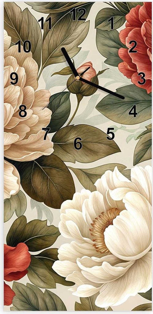 Wanduhr aus Glas mit Motiv Florales Blütenmuster- 30 x 60 cm - inkl. Aufhängesystem