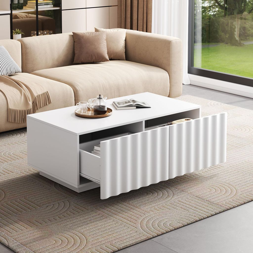okwish moderner Couchtisch mit zwei Schubladen, wellenförmiges Design, Beistelltisch mit Stauraum, Sofatisch schlichter Stil, Weiß