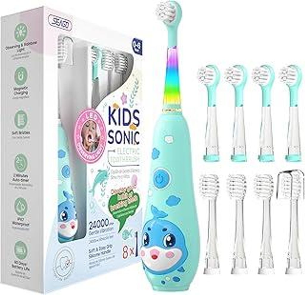 Seago Elektrische Zahnbürste Kinder 0-6 Jahre mit buntem LED Licht, Smart Timer, wiederaufladbare Baby Zahnbürste mit 8 weiche Ersatzbürstenköp...