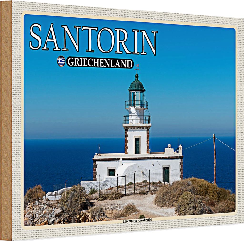 Holzschild Reise 30x20cm Santorin Griechenland Leuchtturm Akrotiri