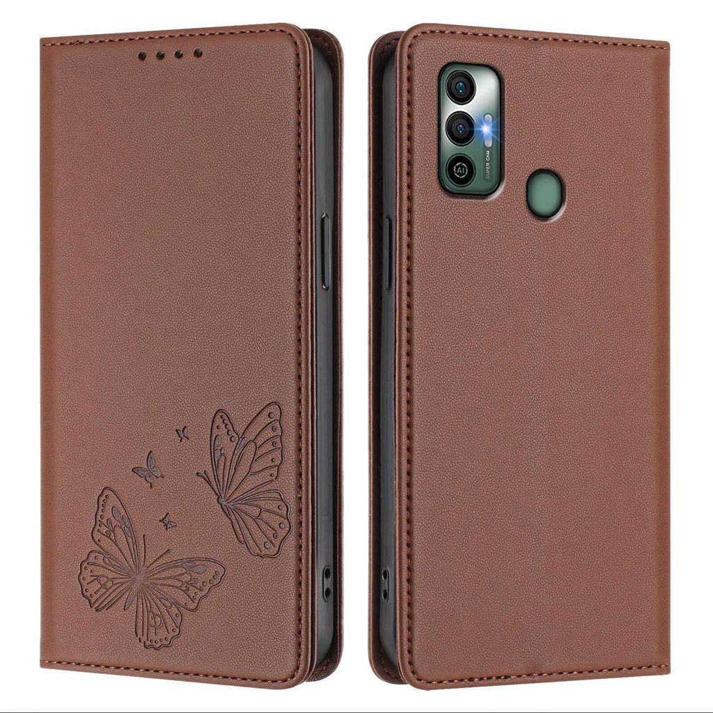 Lederhülle für Tecno Spark 7 /Spark 7T, Schmetterling Prägung Leder Brieftasche Schutzhülle mit Ständer Braun
