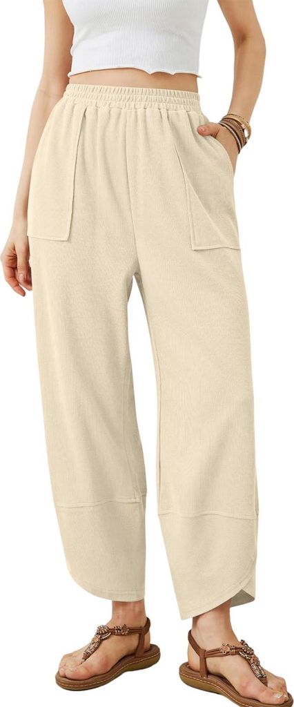 Palazzo-Jogginghose Damen Weites Bein Hoher Bund Sweatstoff Beige Gr. M