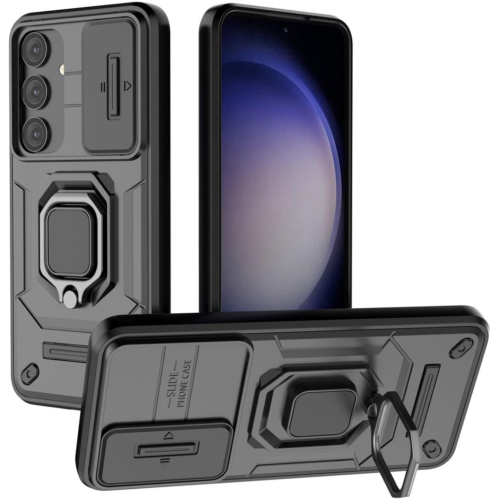Hülle für Samsung Galaxy S25 Dual Layer Handyhülle Schiebe Kamera Schutz und Ringhalter Ständer Schwarz