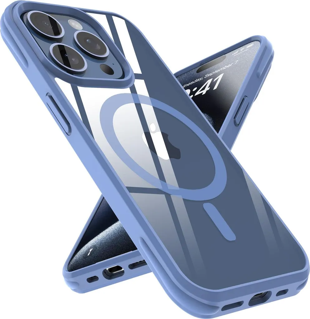Custodia per Apple iPhone 15 PRO protettiva in colore BLU CHIARO Custodia compatibile MagSafe con retro trasparente