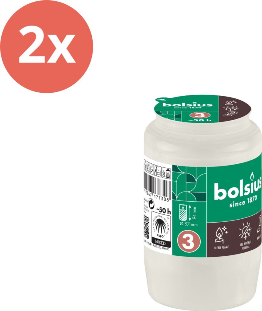 Bolsius - Gedenklicht - Ohne Deckel - Weiß - 50 Brennstunden - Vorteilspack - 2 Stücke