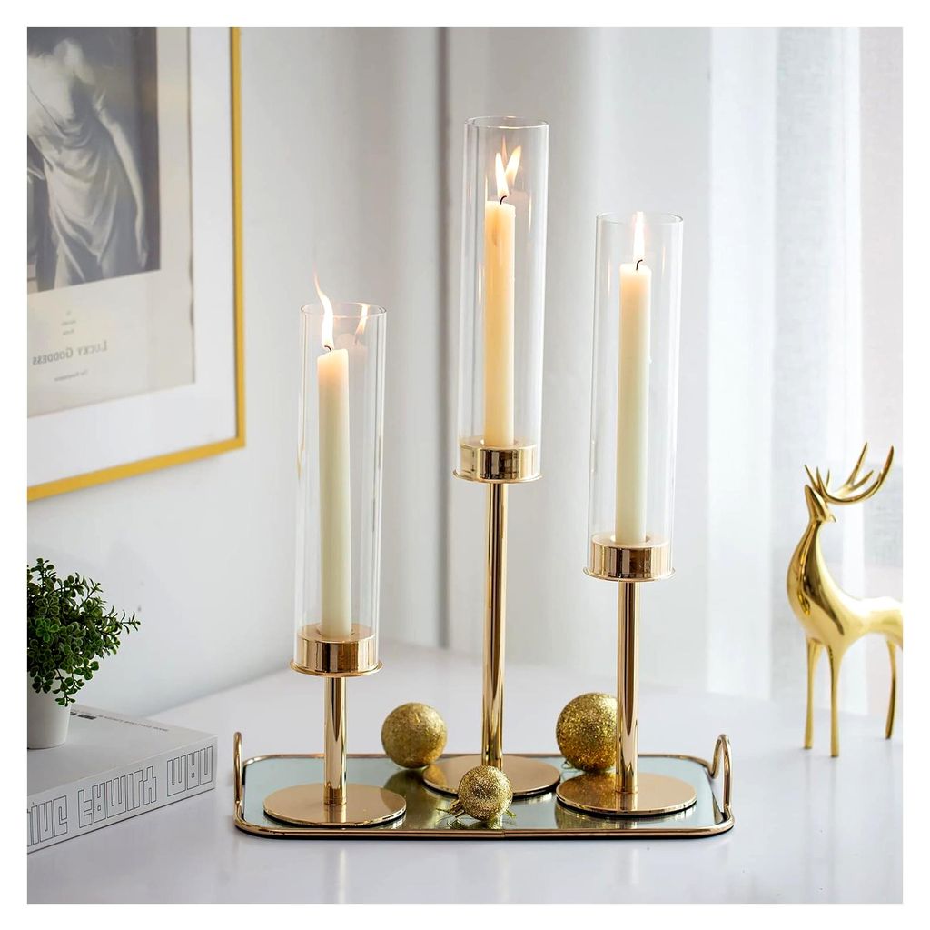 Kerzenständer aus Goldmetall für Hochzeiten - 48/42/36 cm Kerzenhalter, dekorative Stabkerzenhalter mit Windlicht aus Glas für modernes Wohndesign