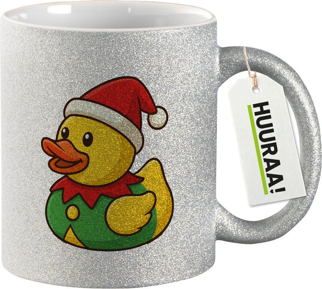 Huuraa Glitzertasse Quietscheente Wichtel Gummiente Elfe 330ml Silber Keramik Kaffeebecher Geschenkidee