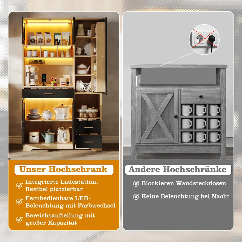 Buffet de Cuisine Noir avec Vitrine LED et Prises Secteur Intégrées - 11