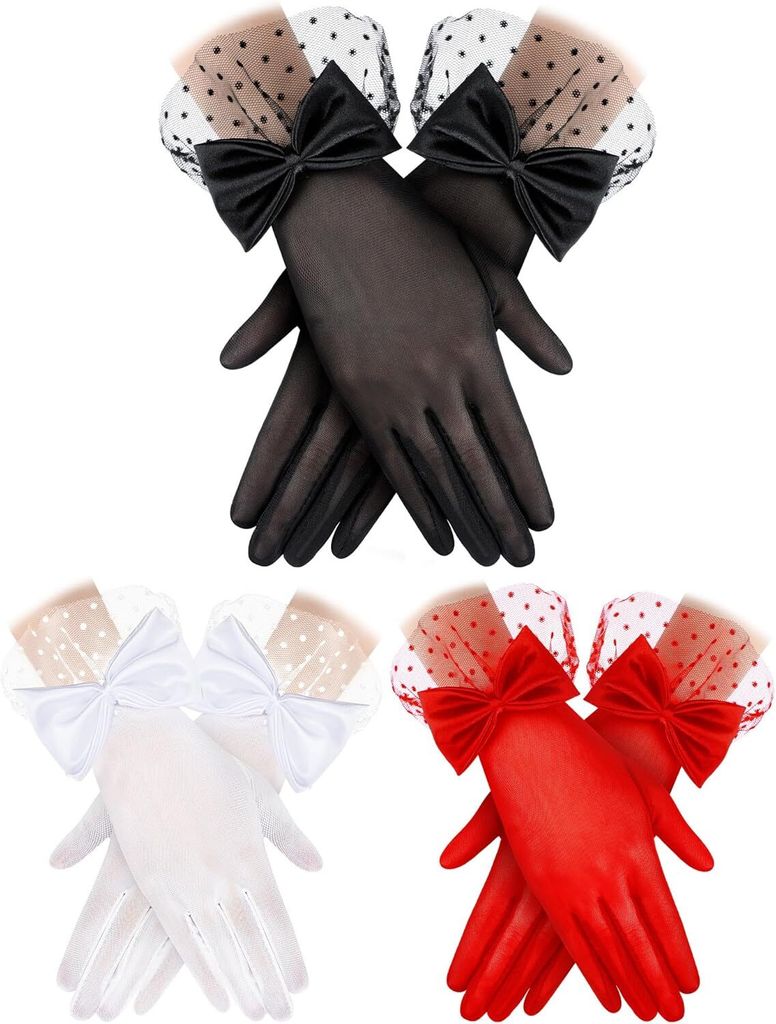 Geyoga 3 Pairs Women Lace Gloves Bow Tea Party Gloves Silk Elegant Wedding Gothic Gloves for Funeral Halloween Party Cosplay