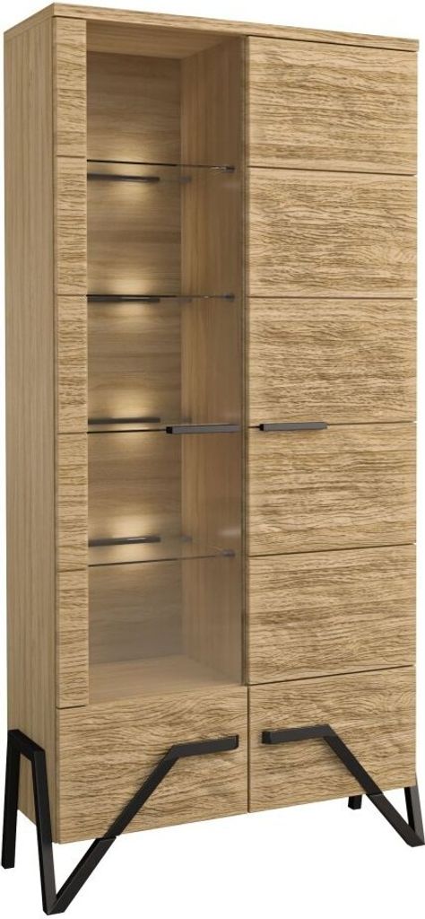 Vitrine Kastav 03, Farbe: Eiche / Schwarz, teilmassiv - 201 x 100 x 40 cm (H x B x T)
