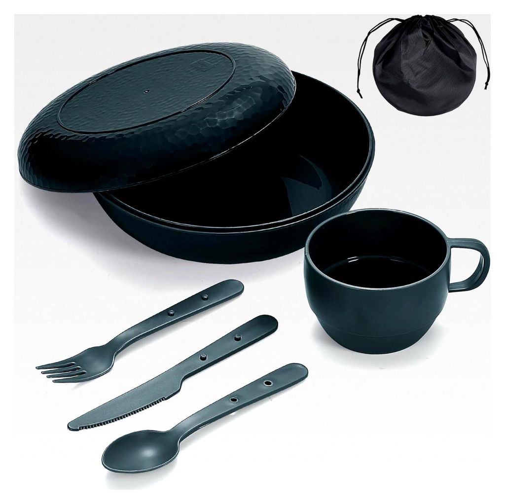 Campinggeschirr Set mit Schüssel, Teller, Tasse, Löffel, Gabel, Messer und Tragetasche, Zubehör für Reisen und Picknick, leicht zu transportier...