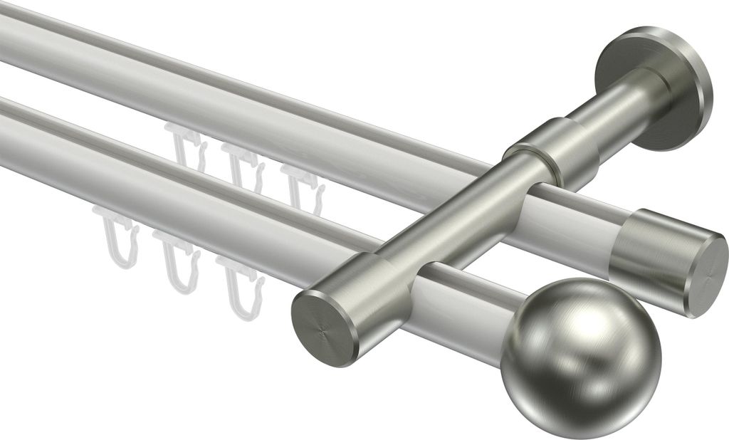 Interdeco Innenlaufstange / Gardinenstange mit Innenlauf Weiß / Edelstahl-Optik, Typ Prestige Luino (Kugel), 20 mm Ø 2-läufig, 280 cm