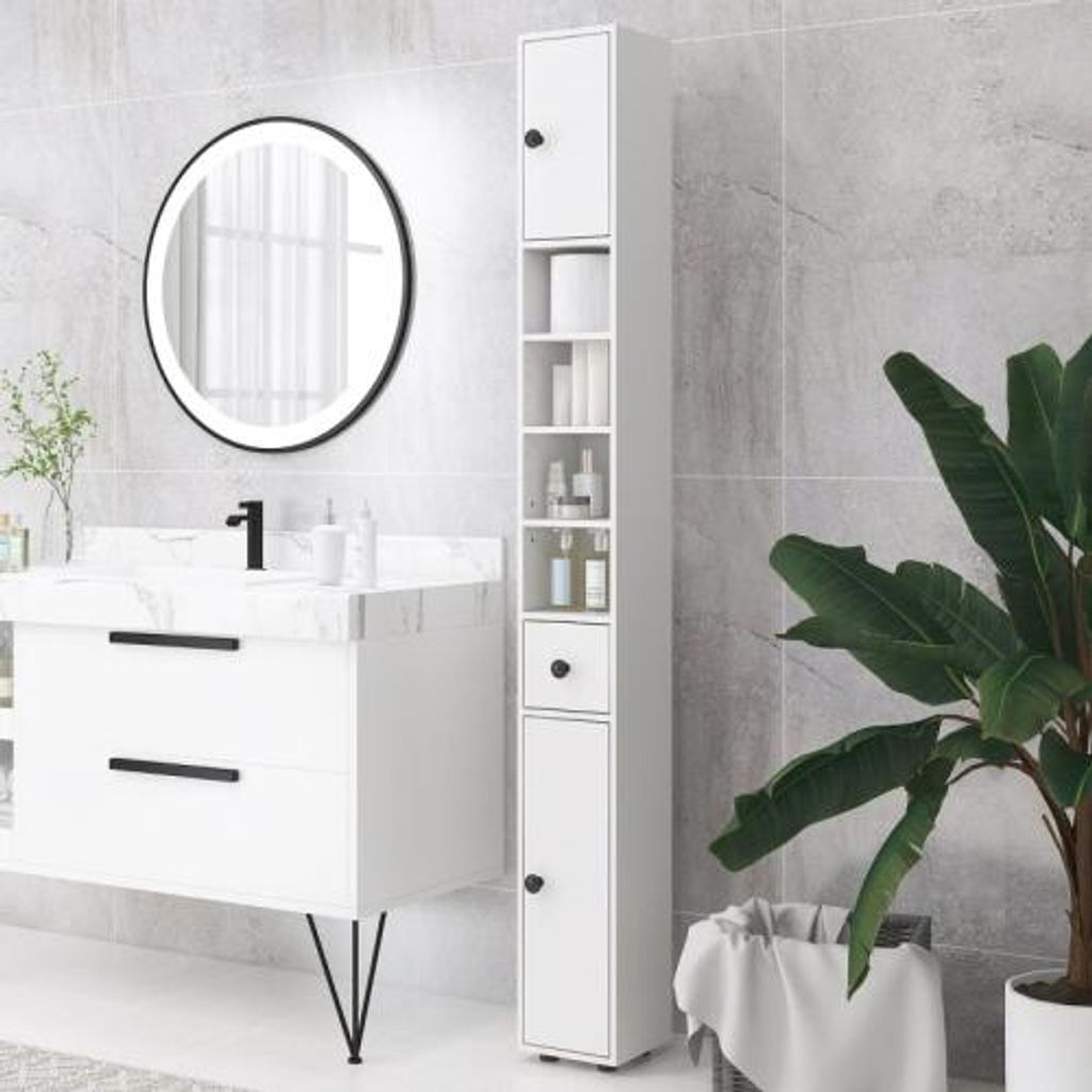Weiss Badezimmerschrank 20x20x180cm Schmal Hochschrank Schublade 4 Offenen Faechern Badschrank Kleine Raeume Badezimmer Wohnzimmer