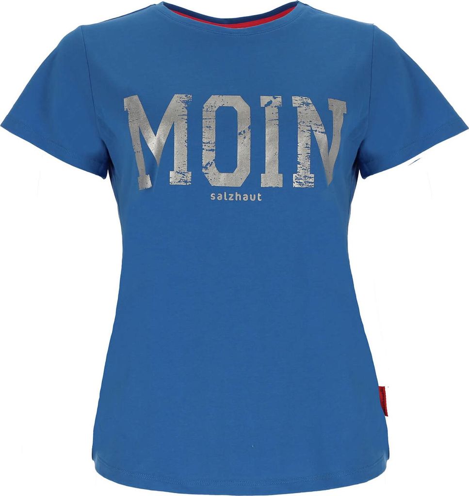 Salzhaut Damen T-Shirt Steentje mit Moin-Print - Modisches Kurzarm-Shirt mit Rundhalsausschnitt Sky-Silver Größe M