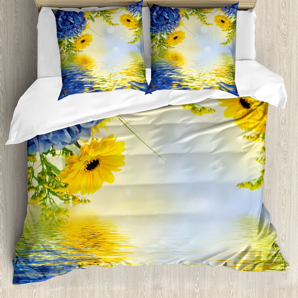 ABAKUHAUS Gelb und Blau Bettbezugs Set Für Doppelbetten, Romance Blumenstrauß, Milbensicher Allergiker geeignet mit Kissenbezügen, Braun Gelb Vi...