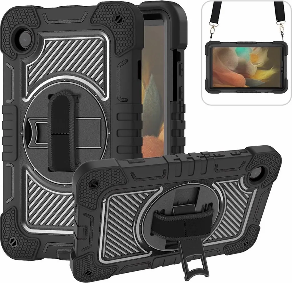 Per Samsung Galaxy Tab A11 / A9 Custodia con cinturino da polso Outdoor 360 gradi Nero