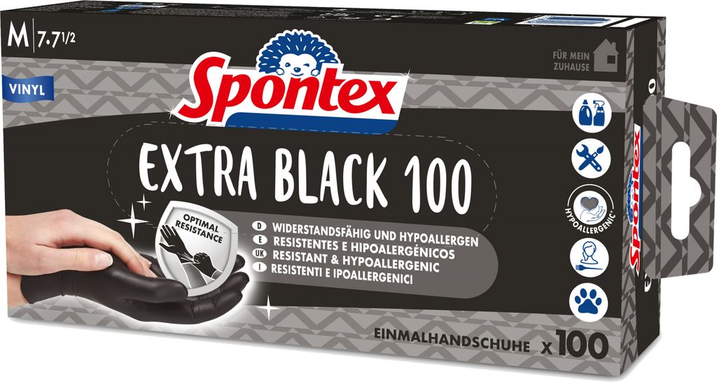 SPONTEX Extra Black Einmalhandschuhe aus Vinyl, ungepudert Produktbild 1