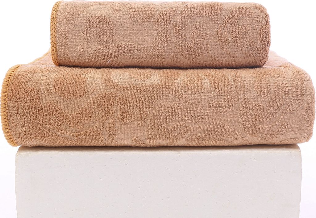 FEBE Handtücher Badetuch 70x140 + 50x100 cm Braun Handtücher Set Badehandtuch Frottee mit Blumen Muster Mikrofaser Towel