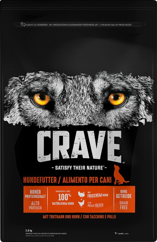 Crave Adult Trockenfutter Truthahn & Huhn, 3 Beutel, 3x2,8kg, getreidefreies Hundefutter mit hohem Proteingehalt