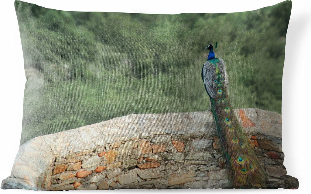 MuchoWow Outdoor Kissen - Pfau - Wand - Wald - 50x30 cm - Wetterfest - Lounge Kissen - Sofa kissen - Wohnzimmer Dekoration