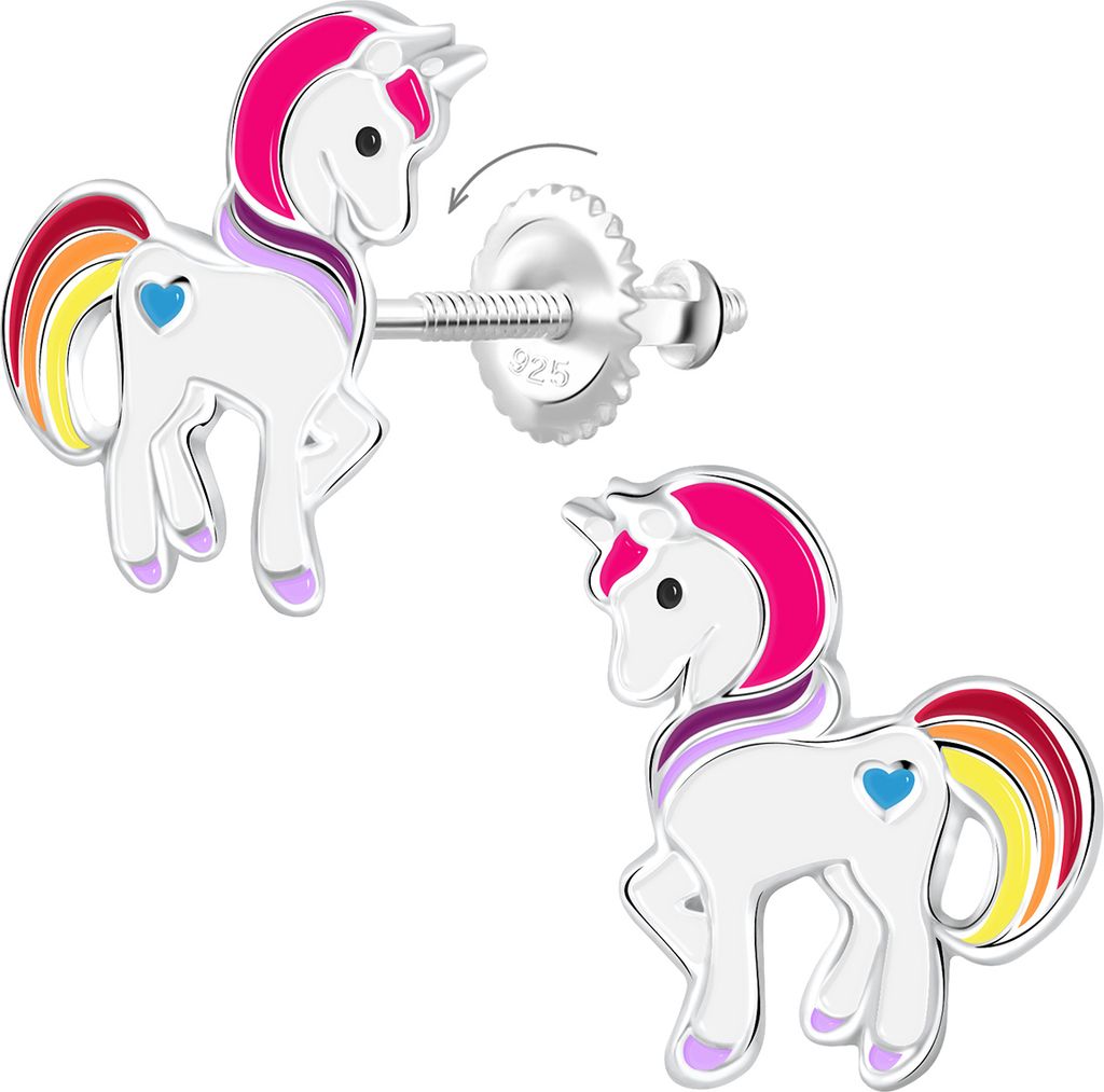 Silberne Ohrringe mit Schraube auf Rückseite Einhorn